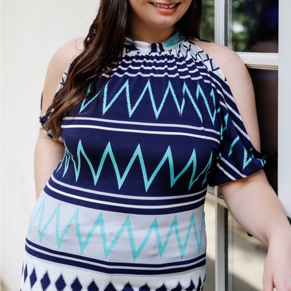 Navy and Teal Zigzag Cold Shoulder Top MADE IN USA